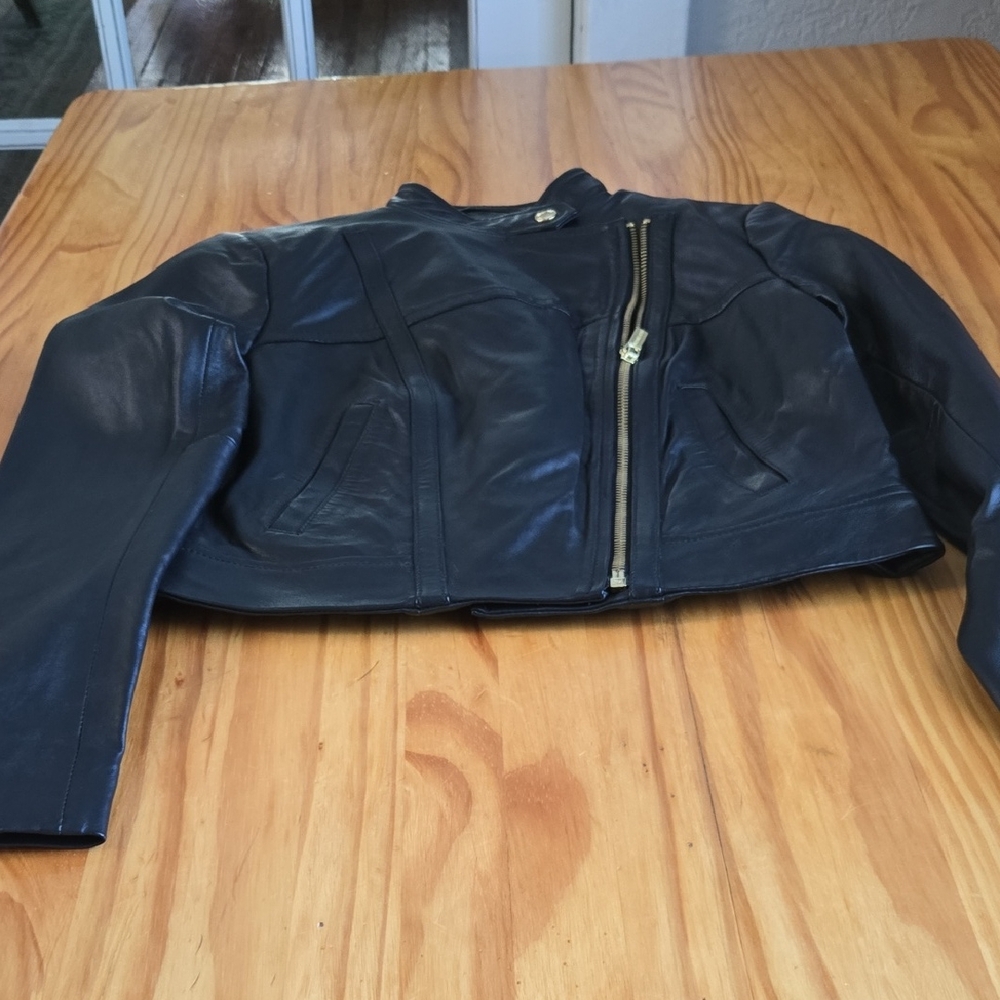 Black Leather Jacket with Gold Zipper